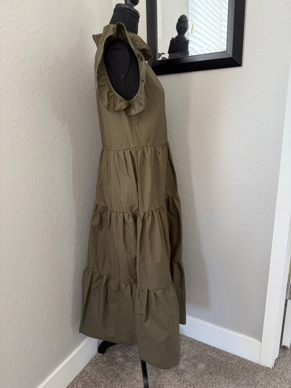 CHEPE Ansaldo Italy Cotton Tiered Ruffle Maxi Dress Olive Green XS - Picture 6 of 10